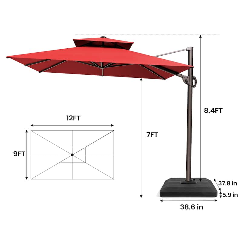 9 FT x 12 FT Outdoor Patio Dual Top Umbrella Cantilever Offset with Premium Base