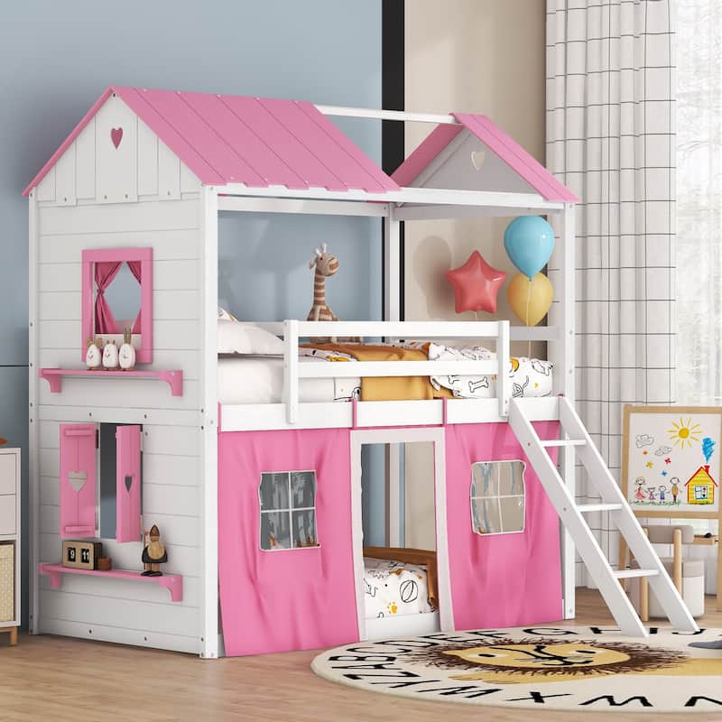 Pink+White Wood Castle House Bunk Bed with Windows, Sills, Tent, and Slide, Playhouse Design - Twin - Pink+White