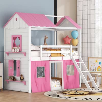 Twin/Full Size Wooden Bunk Bed with Playhouse Design and Windows for Children's Bedrooms, Small Space