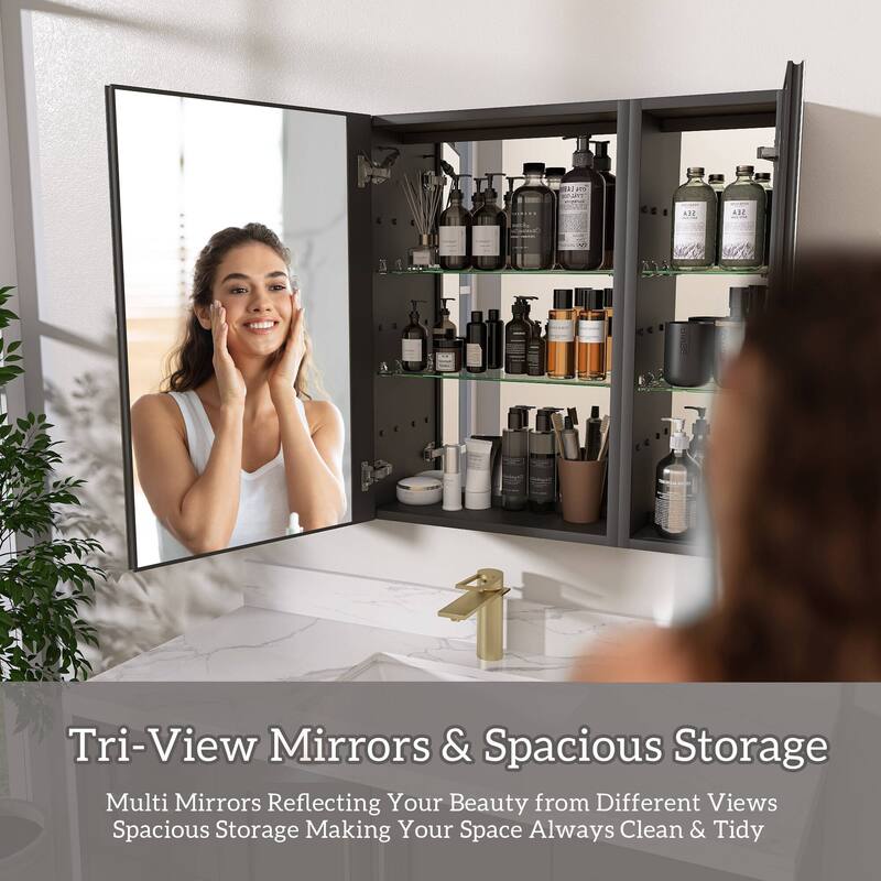 ZEAFIVE LED Black Bathroom Medicine Cabinet Surface Mount Defog Medicine Cabinet 3 Lights Dimmable