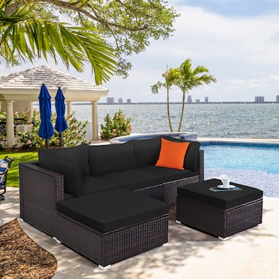 5PCS Patio Rattan Furniture Set Sectional Conversation Set Black