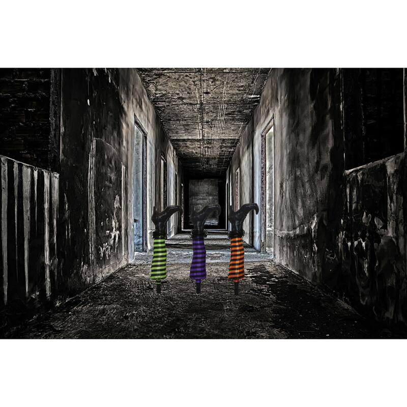 Haunted Hill Farm Set of Three 19-In. Light-Up Witch Leg Stakes, Outdoor Halloween Lawn and Garden Decoration, LED, Battery