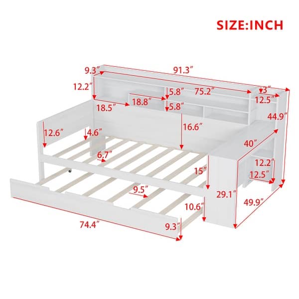 dimension image slide 0 of 4, Roomfitters Wooden Twin/Full Size Daybed with Storage Shelves, Multi-functional Bed with Twin Size Trundle Bed and Study Desk