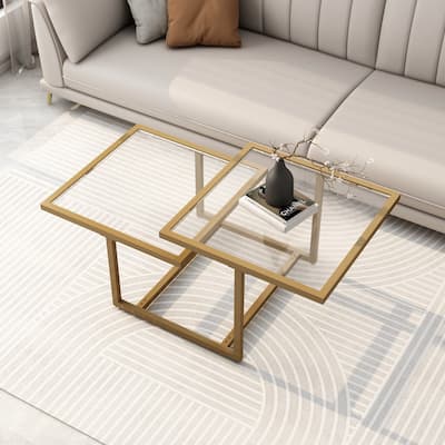 Alazyhome Glass Coffee Table with Gold Metal Frame, Easy Assembly