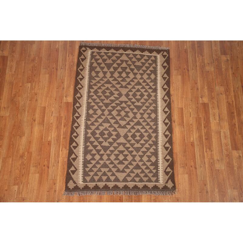 Flat-weave Kilim Area Rug Reversible Brown Wool Carpet - 3'2" x 4'10"