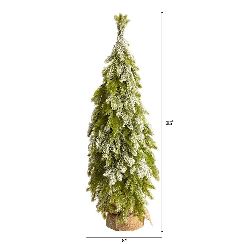 35in. Snow Flocked Down Swept Holiday Artificial Christmas Tree in Burlap Base - Rustic X-Mas Decoration