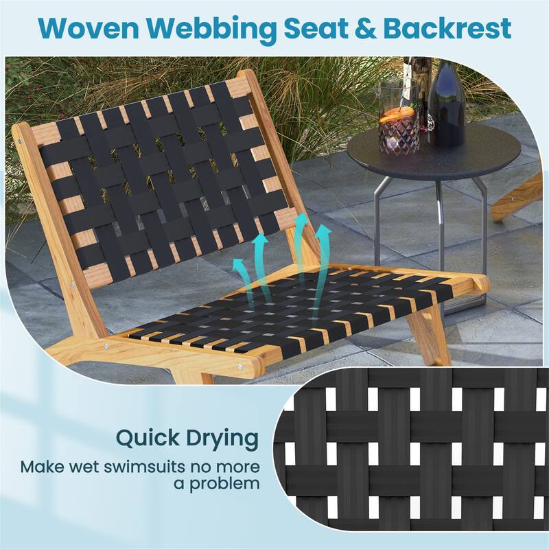 Gymax Teak Wooden Chair w/ Woven Webbing Seat & Backrest for Patio Mid