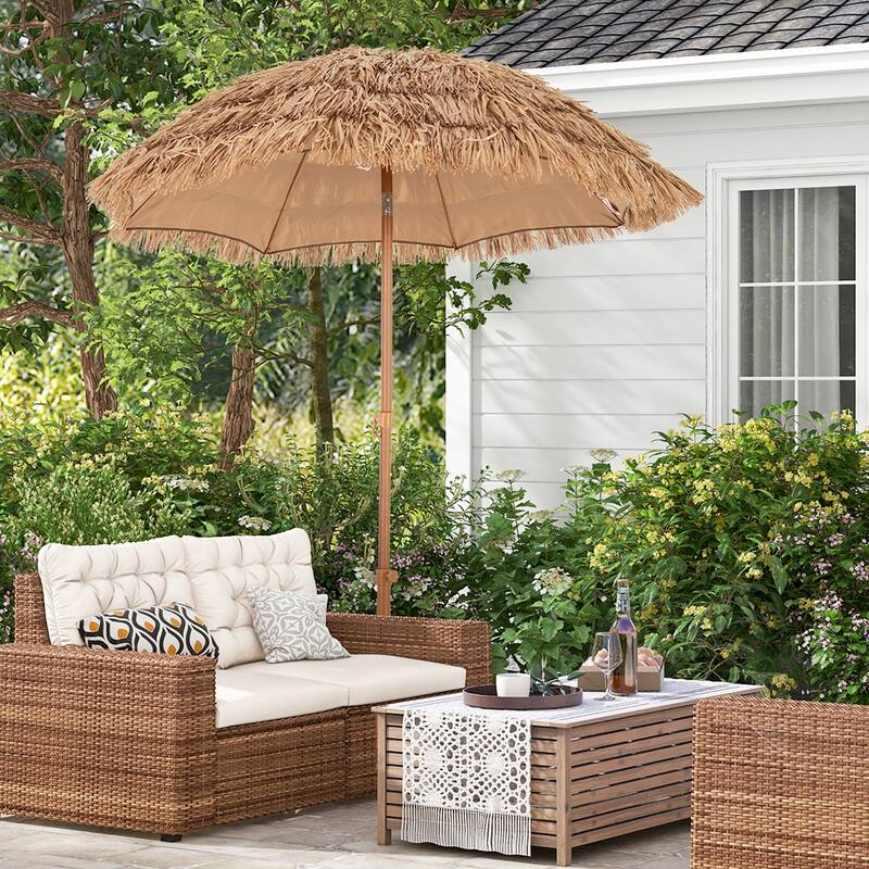 Gymax 6.5 FT Thatched Tiki Umbrella w/ Foldable Stand Hawaiian Style