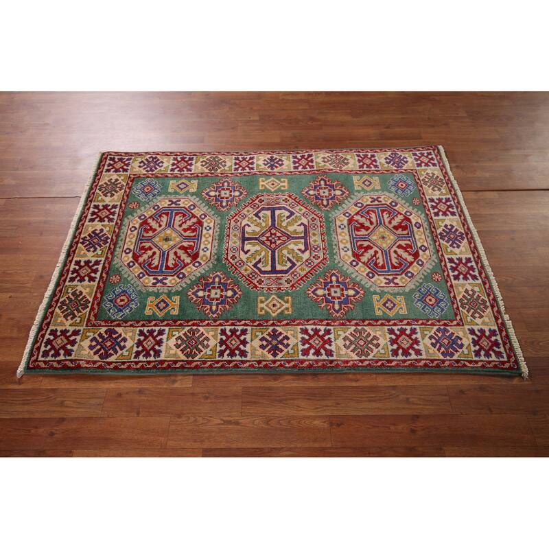 Traditional Green Kazak Accent Rug Hand-Knotted Wool Carpet - 3'5" x 4'11"