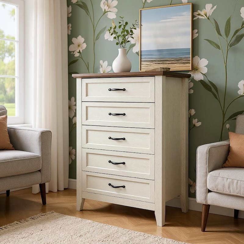 5 Drawers Tall Dresse, Wood Vintage Dresser, with Metal Handle - White Oak