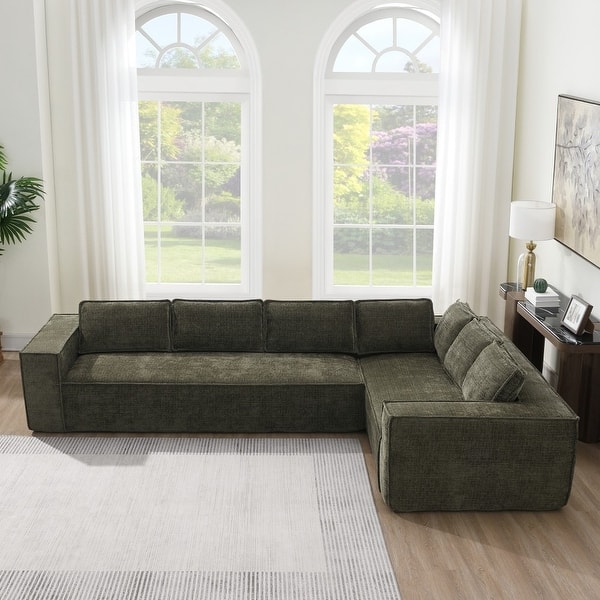 slide 2 of 10, 129.5" Minimalist Style Chenille L-shaped Modular Sectional Sofa with Removable Cushions Green - Reversible
