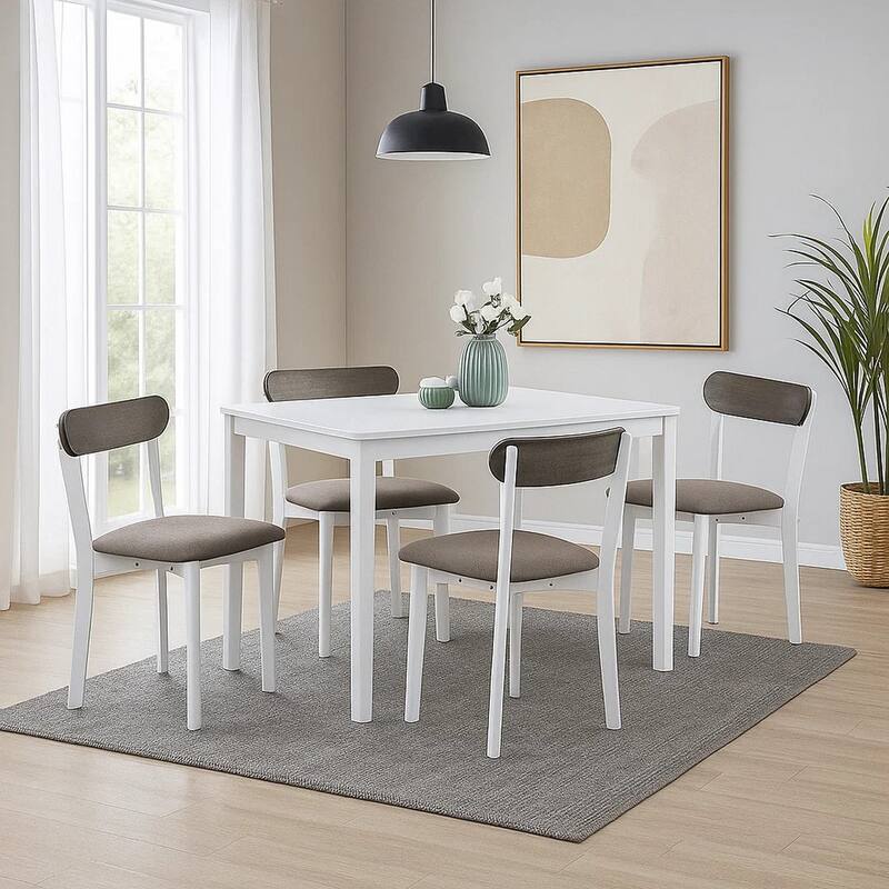 Ideli 5 Piece Dining Table Set with 4 Chairs, Brown Linen, White Wood