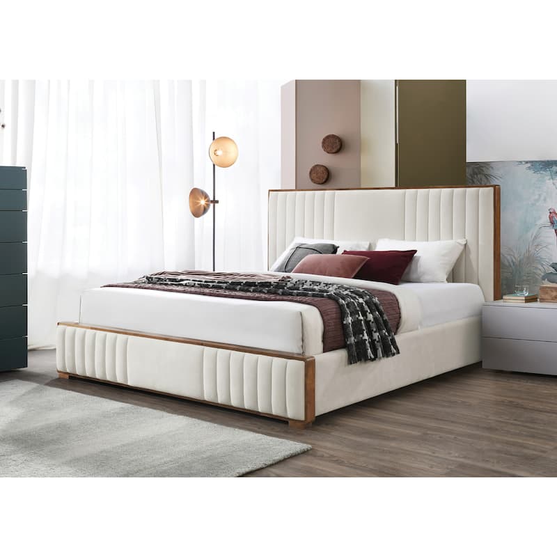 GDFStudio Upholstered Beige Chenille and Walnut Finish Platform Bed