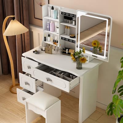 39.4"W Vanity Set with Sliding Lighted Mirror w/ Storage Drawer Shelf