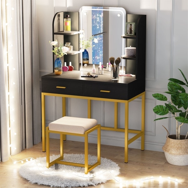Traditional Brown Metal Vanity Makeup Set Glass Top 2 Shelves Fabric Seat Stool 
