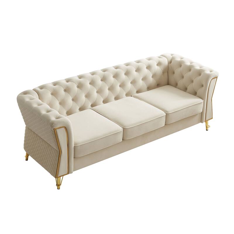 Mid-century Couch Velvet Upholstered Sofa with Button Tufted Backrest, Unique Armrest Design and Golden Metal Decor