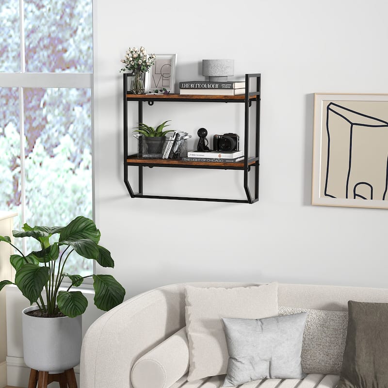 Gymax Wall Mounted Bathroom Shelf Industrial 2-Tier Storage Rack w/