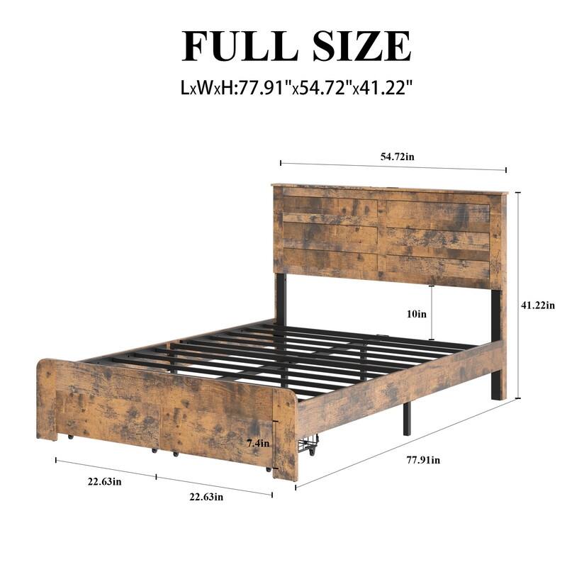Rustic Wood Platform Bed Frame with 2 Storage Drawers