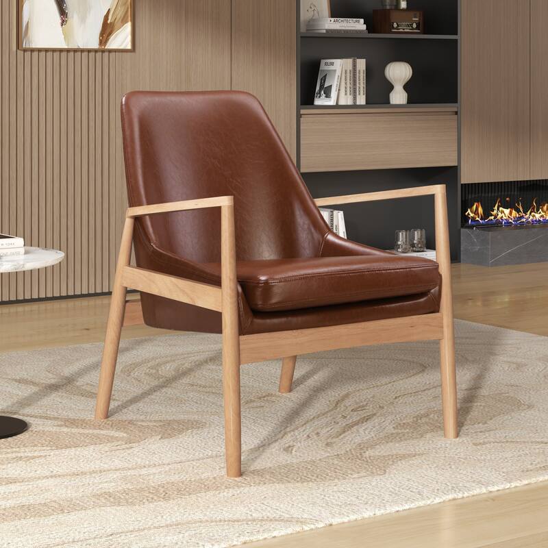 Roomfitters Mid-Century Accent Chair with Solid Wood Frame and High Backrest, Reading Armchair for Living Room - Brown