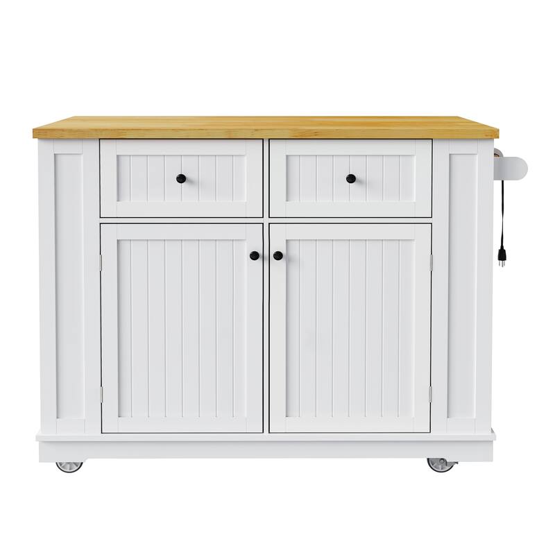 48'' Large Kitchen Island with Drop Leaf, Power Outlet, Rolling Wheels, and 5 Open Side Racks - 48'' x 29.75'' x 36.75''