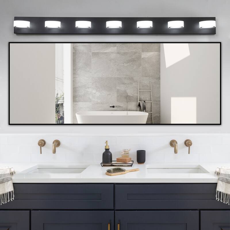 52" Modern 7-Light LED Vanity Light Fixture - with Acrylic Light Shades - Energy-Efficient Bathroom Wall Sconce - Black