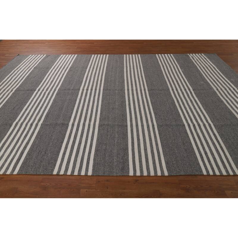Striped Gray Kilim Durrie Oriental Area Rug Cotton Carpet - 8'3" x 11'7"