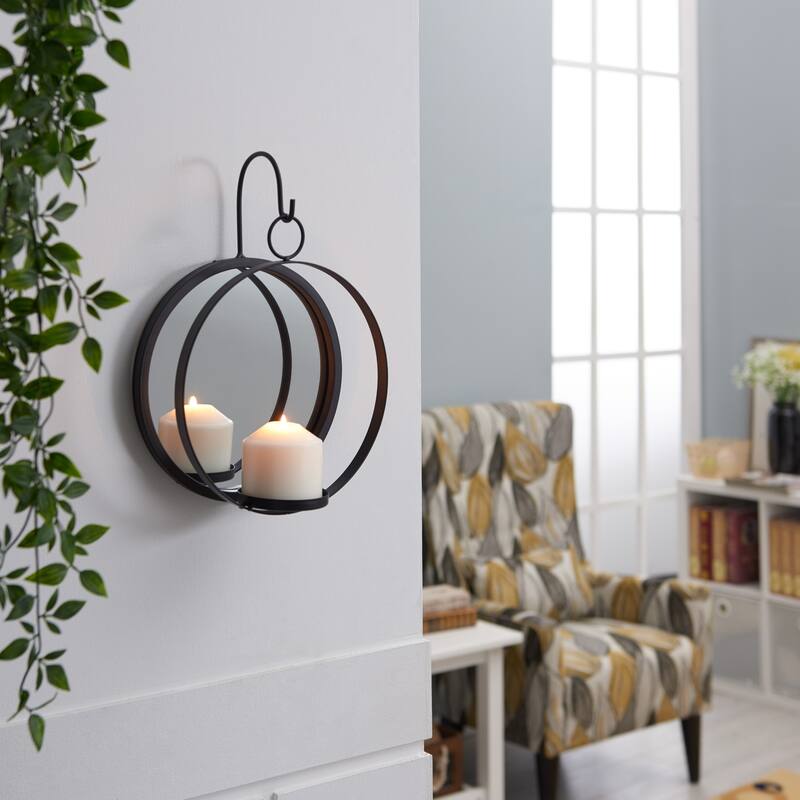 Round Wall Sconce Candle Holders with Mirror - 13.5" - Black