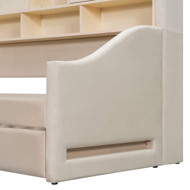 Velvet Upholstered Daybed with LED Armrest Lights and Pull-Out Lift-Up Trundle