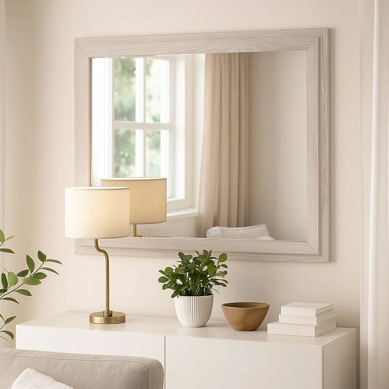 Loji 48 Inch Dresser Mirror, Weathered Gray Frame, Solid Rubberwood