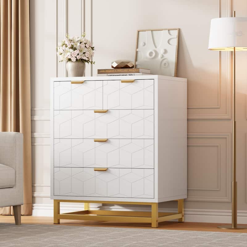 5 Drawer Dresser, Chest with Metal Base, Modern Organizer Cabinet for Bedroom, Living Room, Hallway - White