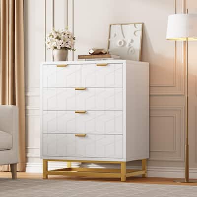 5 Drawer Dresser for Bedroom, Modern Wooden Chest of Drawers with Gold Handles