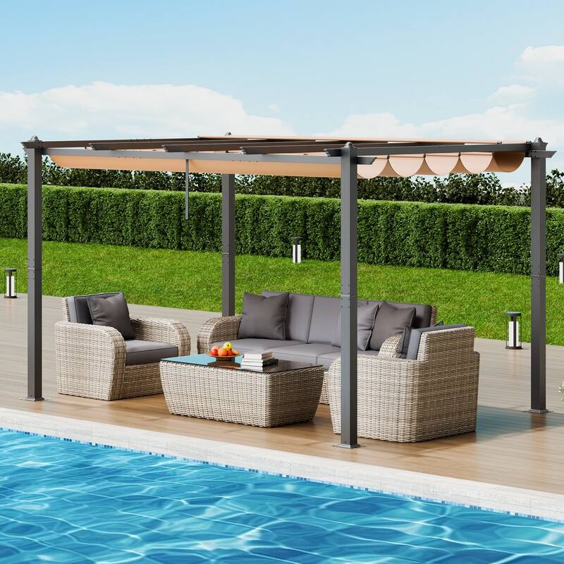 10 x 13 Feet Aluminum Outdoor Retractable Pergola with Sun Shade Adjustable Retractable Canopy