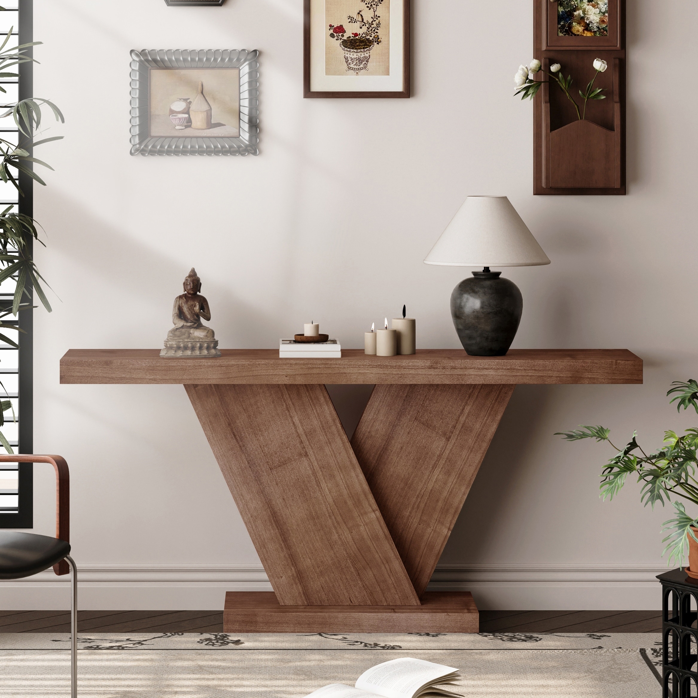 66" Modern X-Leg Console Table with Solid Wood Veneer