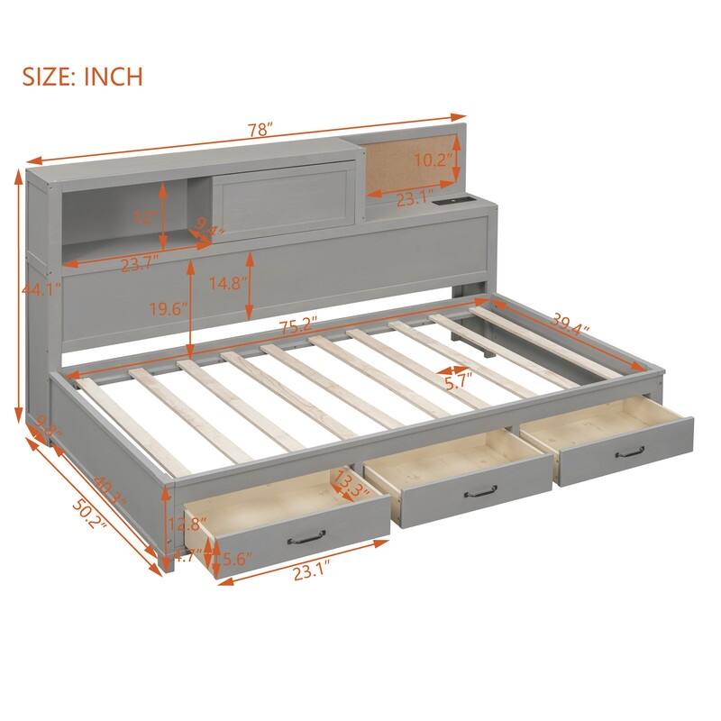 Twin/Full Size Wood Daybed Frame with Storage Drawers, Shelves and Charging Station