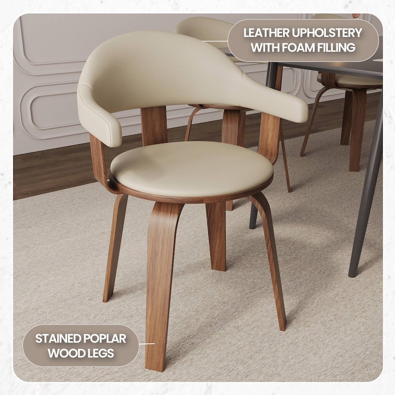 Leather Dining Chair in Solid Wood Accent Arm Chair Open Curved Back Design