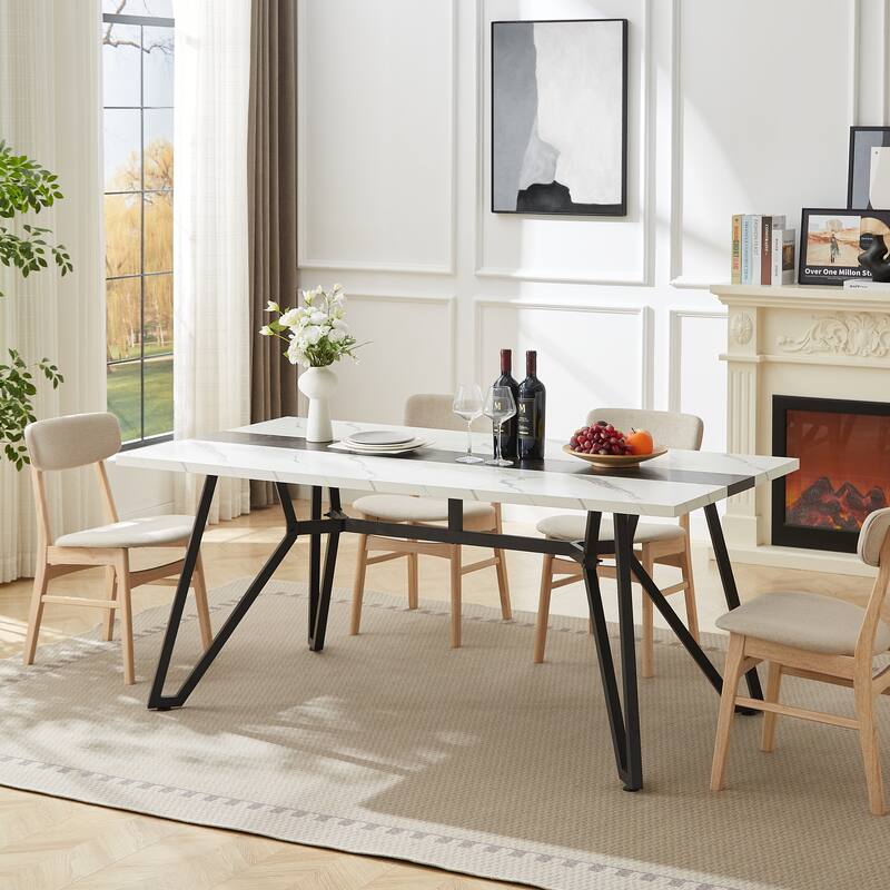 70.9" Large Dining Table for 6-8, Modern Farmhouse Kitchen Table with Spacious Tabletop & V-Shaped Steel Base, Adjustable Legs - White+Black style A