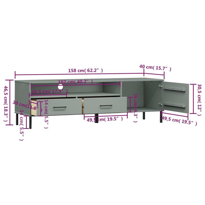 vidaXL TV Stand TV Console TV Console with Metal Legs Solid Wood Pine OSLO - 62.2" x 15.7" x 18.3"