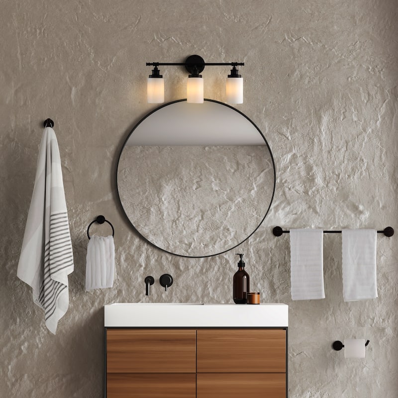 Hugo 23.25" 3-Light Classic Vanity Light with Frosted Glass Shades and Bathroom Hardware Accessory Set, (5-Piece) by JONATHAN Y
