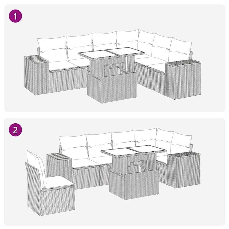 vidaXL Patio Sofa Set with Cushions Table and Couches 7 Piece Poly Rattan - 24.4" x 24.4" x 27.2"
