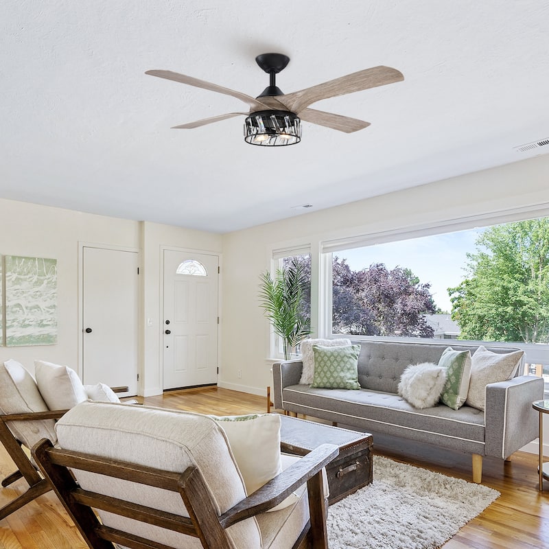 52-inch Matte Black Modern Crystal LED Chandelier Ceiling Fan with Downrod and Remote