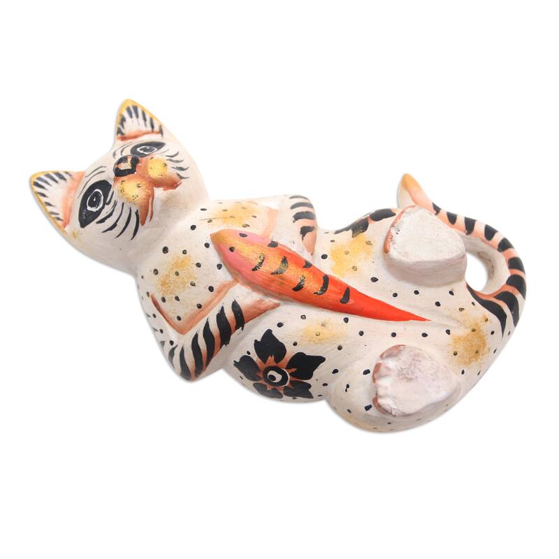 Novica Handmade Cat And Koi Wood Statuette