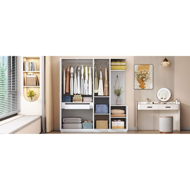4-Door Wardrobe with Shelves, Drawers, and Full-Length Mirror