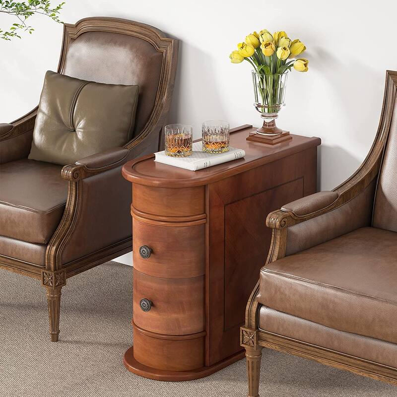 Solid Wood End Table, Two-Drawer Narrow Side Table, Fully Assembled