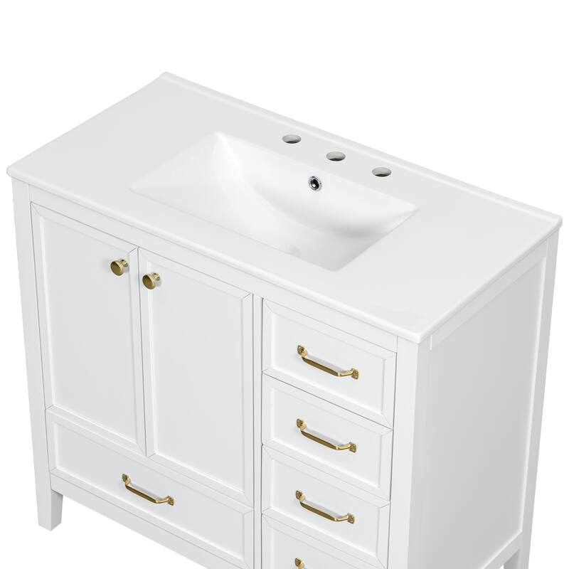 36" Bathroom Vanity with Sink, Bathroom Cabinet with Soft-Closing Door, 4 Drawers of Different Sizes, Solid Wood Frame and Leg