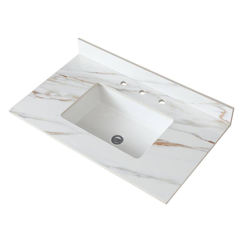 31 Inch Marble Vanity Top,Bathroom Vanity Top with Undermount Rectangular Middle Sink and 4 Inch Height Backsplash