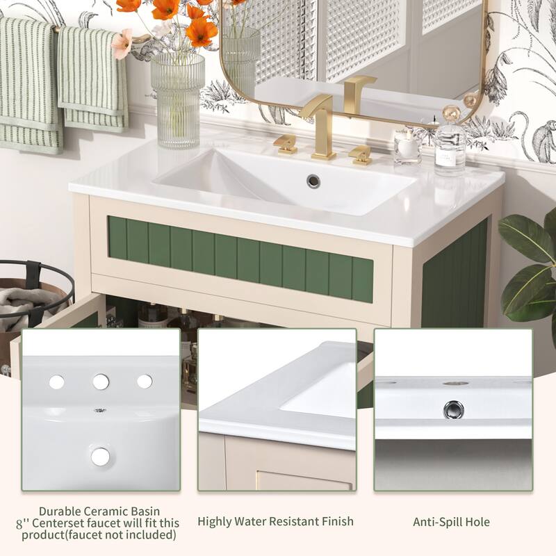 30 Inch Single Sink Freestanding Bathroom Vanity in Green with White Ceramic Top