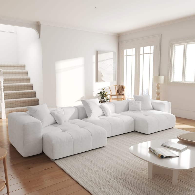 144.17" Linen Modular Sofa Modern Sectional Sofa 3-Seater Couch Lounge Chaise - White