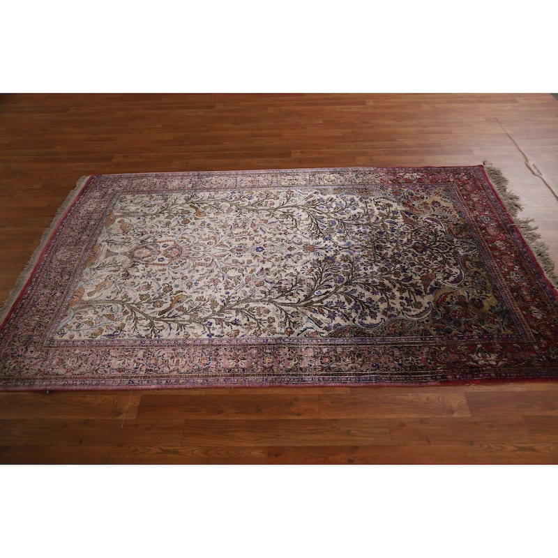 Hand Knotted Oriental Silk Carpet Traditional Floral Beige & Ivories Kashan Area Rug - 6' 10'' X 4' 4''