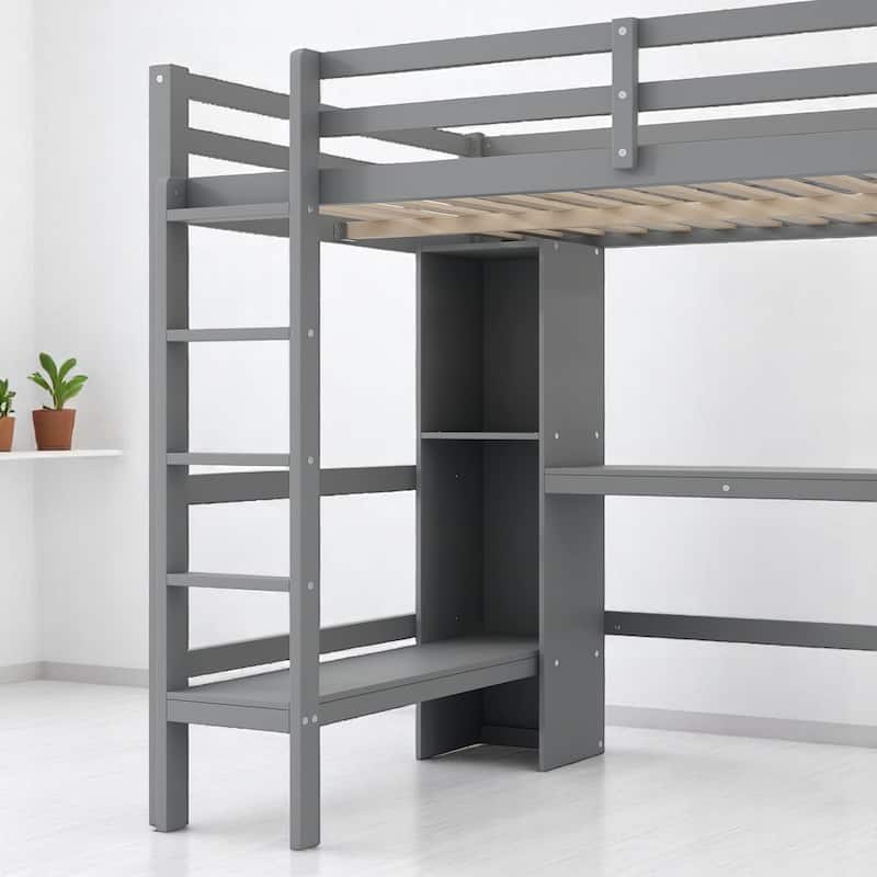 Full Loft Bed with Built-in Desk and Playful Shelves, Modern Wood Frame with Guardrails, Space-Saving Design