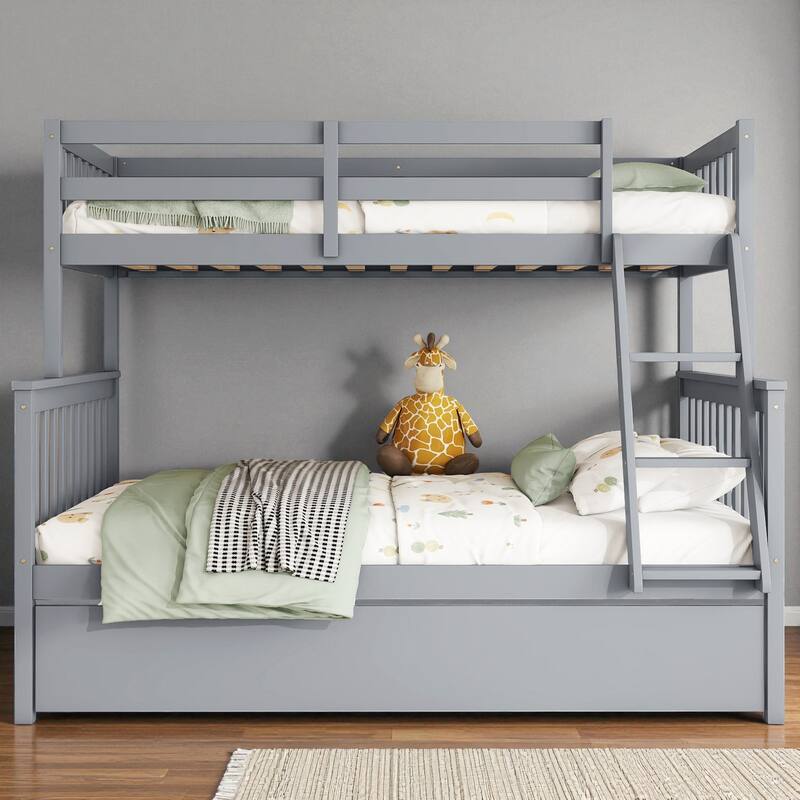 Twin Over Full Rubber Wood Bunk Bed with Twin Trundle, Convertible Ladder, Detachable Design, and Safety Guardrails